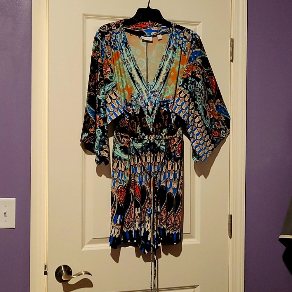 Paisley print soft polyester romper w/tie belt, like brand-new!